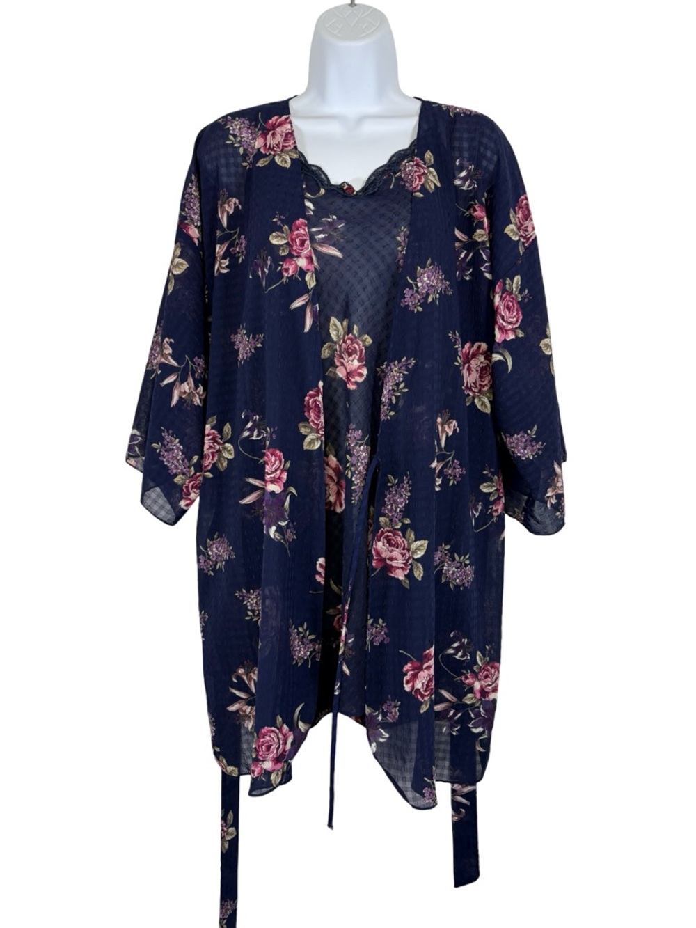 California Dynasty Floral Chiffon Robe Set Navy Blue Lace Trim SzM Vintage Y2K